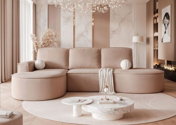 Ecksofa Schlafsofa Sofa ARLET in Stoff Riviera Cappuccino Ottomane Rechts