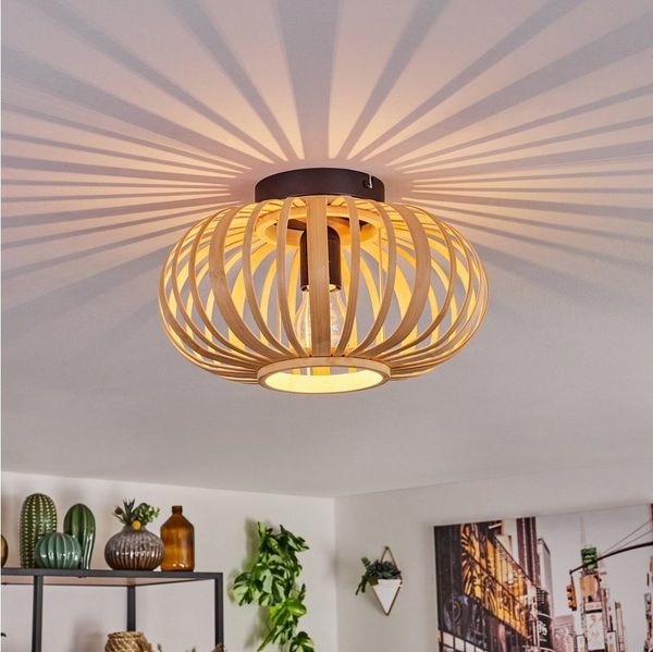 hofstein Deckenleuchte »Aidone« Deckenlampe aus Metall in Schwarz, ohne Leuchtmittel, mit Bambus/Holz Schirm, Ø30cm, E27, Moderne Leuchte mit Lichtspiel