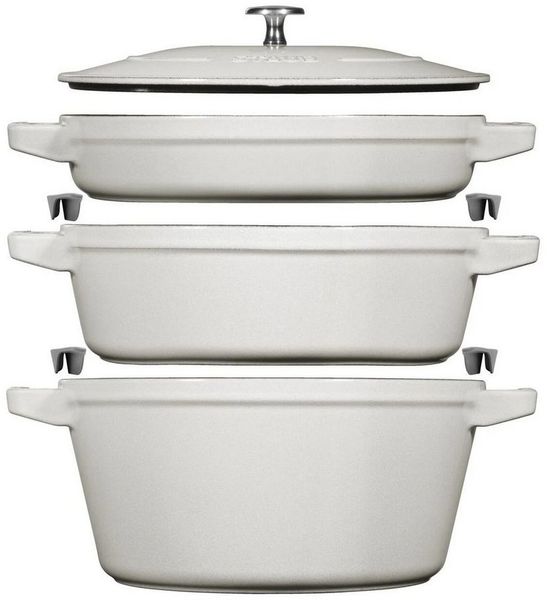 Staub Weißes Gusseisen-Set mit 2 Gusseisentöpfen mit Deckel und Bratpfanne
