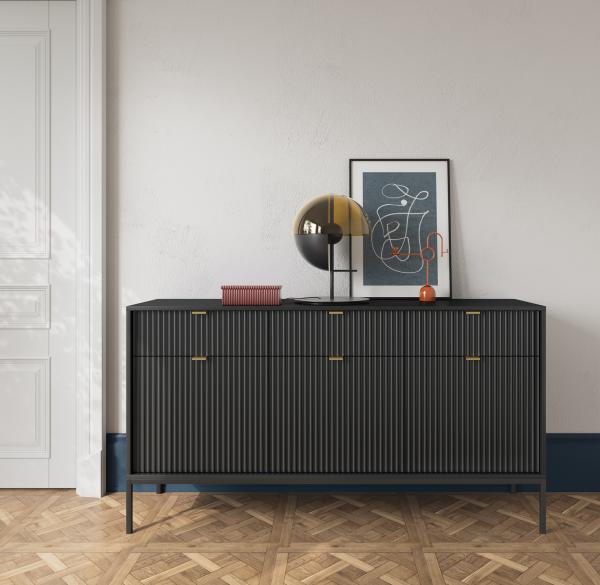 Domando Sideboard Lazise Klassisch Breite 154cm, aufwändig gefräste Fronten, Metallgestell, goldfarbene Griffe in Schwarz Matt