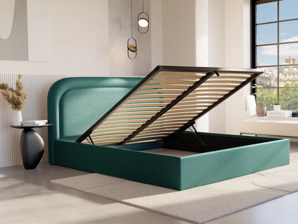 Vente-unique - Bett mit Bettkasten - 160 x 200 cm - Melierter Stoff - Blau + Matratze - FIREZA Bild 2