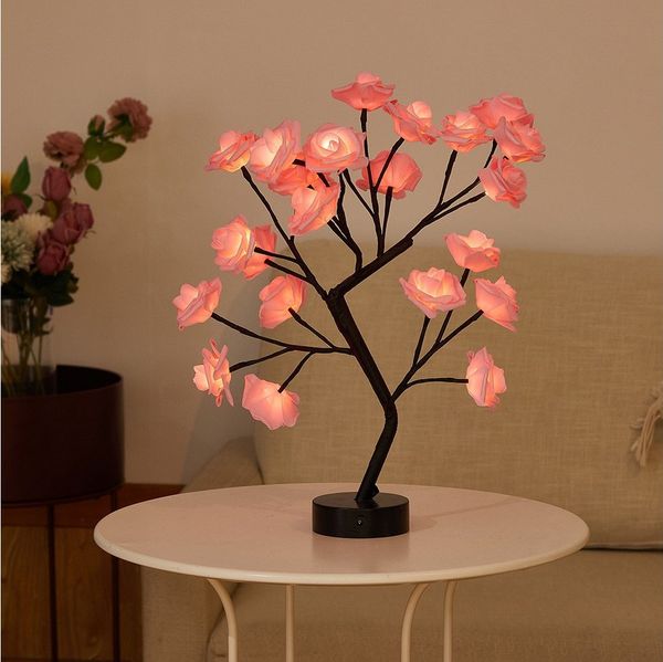 MUPOO LED Baum Rosenblütenbaum Licht für Tischplatte, LED-Tisch-Bonsai-Baum Lichtdekor, Rosa Rose, schwarze Basis, LED fest integriert, für Valentinstag,Zuhause,Hochzeit