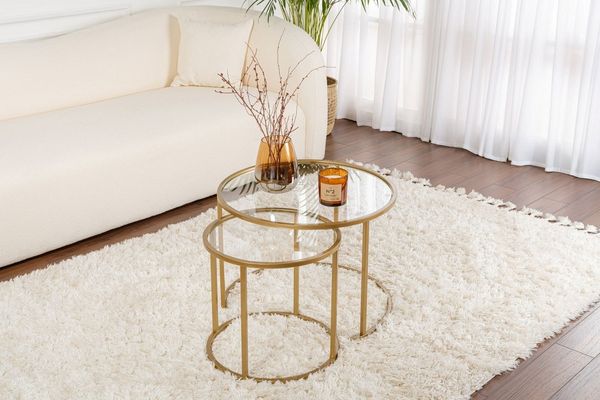 Skye Decor Couchtisch 100% TEMPERED GLASS & METAL, 60 cm - 42 cm (2 Pieces), 857NRD11 (Set, 2-St, 1x Großer Tisch (60x43x60) 1x Kleiner Tisch(42x39x42), Ineinanderschiebbar, Modernes Metall-Glas-Konzept