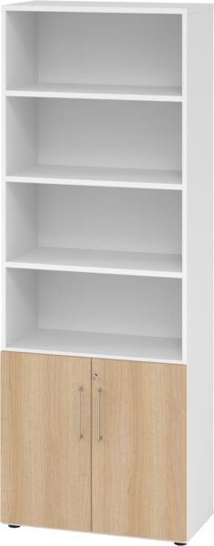 bümö Aktenregal & Schrank abschließbar, Büroschrank Regal Kombination Holz 80cm breit in Weiß/Eiche - abschließbarer Schrank für's Büro & Arbeitszimmer, Büro Möbel Ordnerschrank, 968T2-W-E-BS