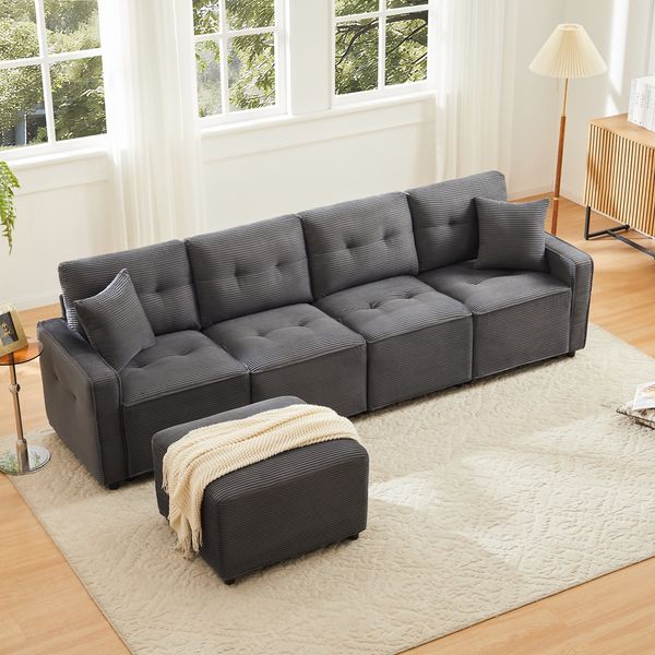 Merax 280cm Großes Sofa, 4-Sitzer Corduroy Sofa, mit Stauraum unter den Sitzflächen, inklusive eines frei platzierbaren Hockers, Grau