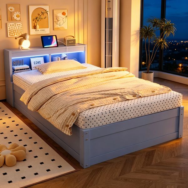 Merax Einzelbett, Schlafsofa 90 × 200 cm, Multifunktionalem Massivholzbett, Mit Einer Euro-Steckdose, Mit Mehrfarbigen LED-Lichtleisten, Hydraulischem Bettmechanismus, Grau