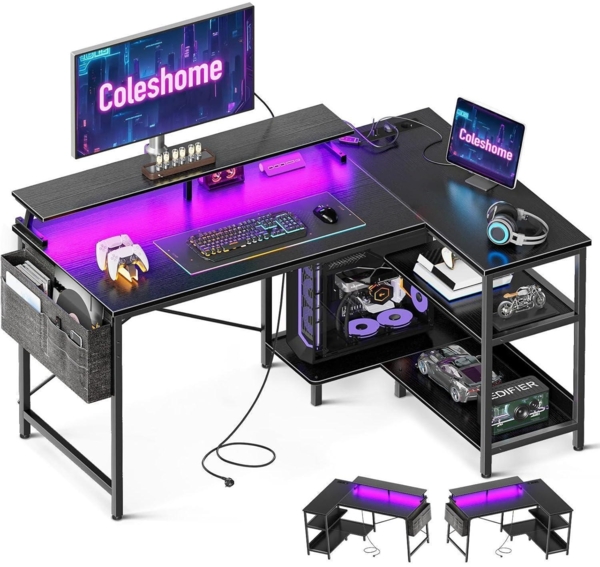 Gaming Schreibtisch L Form LED 120x80cm Ecktisch Schwarz mit USB-Ladeanschlüssen