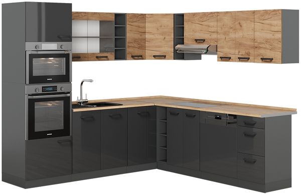 Eckküche R-Line Goldkraft Eiche/Anthrazit 247 x 60 cm zweifarbige Schränke, AP Eiche Vicco
