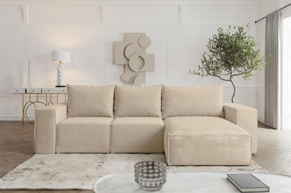 Ecksofa Sofa mit Schlaffunktion ESTELLE in Stoff Abriamo Beige Ottomane Rechts