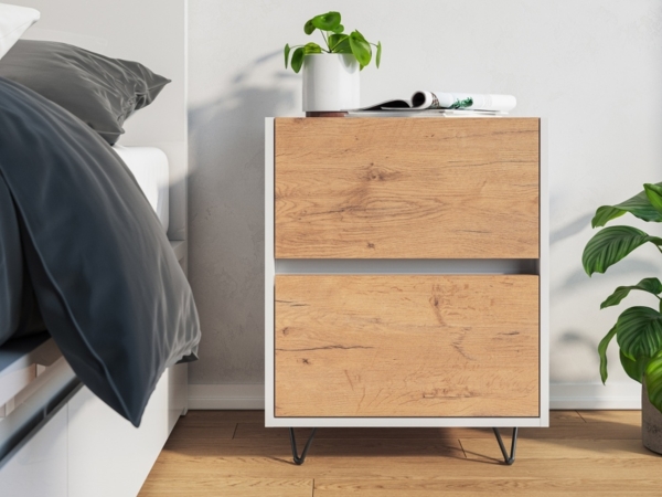 Nachttisch Yako 50cm 2 SoftClose stehend Weiß & Eiche Front : Oak Gold / Weiss hochglanz