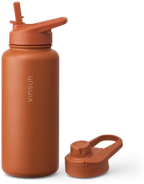 Vinsun Isolierflasche Edelstahl Trinkflasche 1L Strohhalm - 2 Deckel Thermoflasche BPA frei, Doppelwandig isoliert, auslaufsicher, bruchsicher, Geruchsneutral