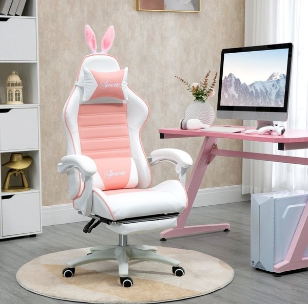 Gamingstuhl 65x63x136-142 cm mit Hasenohren, Fußstütze und verstellbarer Rückenlehne