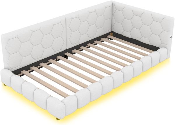 Merax Polsterbett, LED Einzelbett Daybett Tagesbett Samt 90x200cm mit USB-Anschluss Weiß Bild 9