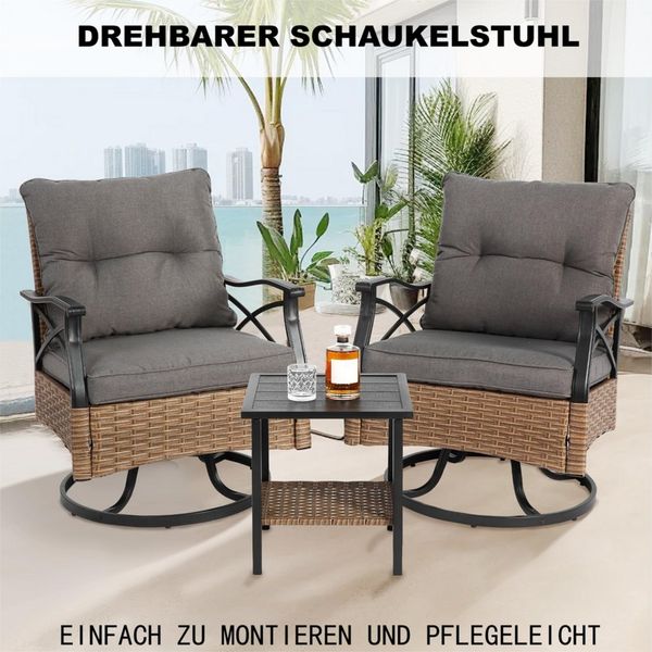 LVHOM Balkonset Outdoor-Loungeset, PE-Rattan Schaukelstuhl, (360° Swivel schwenkbar, 3-tlg. wetterfest, Gartenlounge-Set, Gartenbar-Set, Polstergarnitur, Schaukelsessel, 2 Sessel + Tisch, 150 kg Tragkraft, Grau), Ergonomische Sitzschalen, Schnell trock...