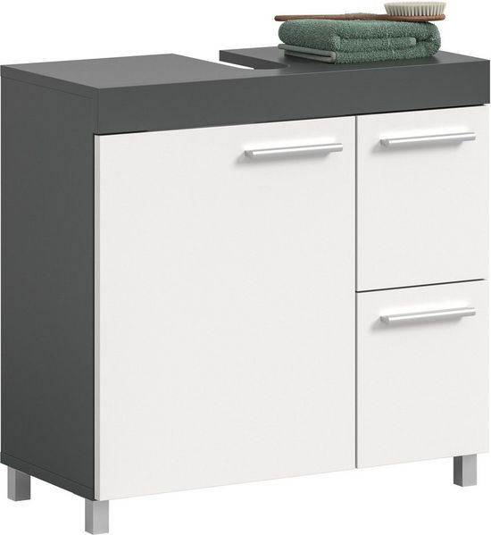 welltime Waschbeckenunterschrank HANO, Badezimmer, WBU, Waschtisch, Kommode, Unterschrank (in 2 verschiedenen Farben und 2 verschiedenen Ausstattungen erhältlich) 1 Tür, 2 E-Böden, 2 Fächer, 2 Schubkästen, mit Siphonausschnitt