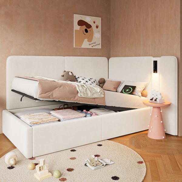 Merax Einzelbett, Kinderbett, Polsterbett 90x200cm Daybett, mit hydraulischem Stauraum Aufladen Leselampe, Samt, beige