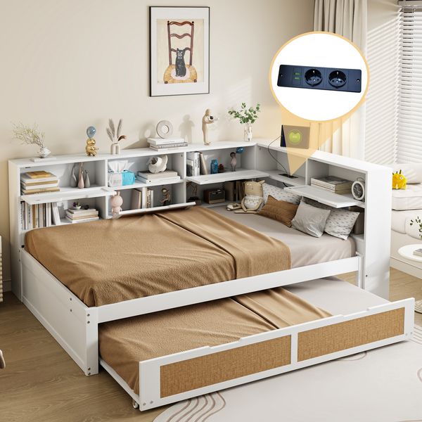 Multifunktionales Massivholz-Schlafsofa mit Ausziehbett 140x200 cm, Stauraum & USB-Anschlüssen, Gäste- & Tagesbett, Weiß