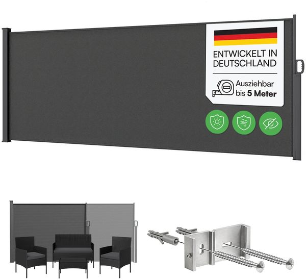 STEELSØN 'Zirella' Seitenmarkise mit Aluminium-Kassette, ausziehbar, 180x500 cm, anthrazit, Windschutz, wetterfest und blickdicht