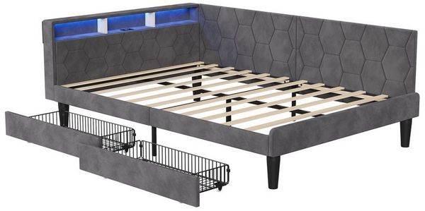 Gdood Polsterbett Daybett Tagesbett Ausziehbett LED 90 x 200 cm Samtstoff (1-tlg, LED-Beleuchtung, Ladestation, in 2 Größen verfügbar), 2 Schubladen, Kopfteil Verwandelt sich in ein Bett