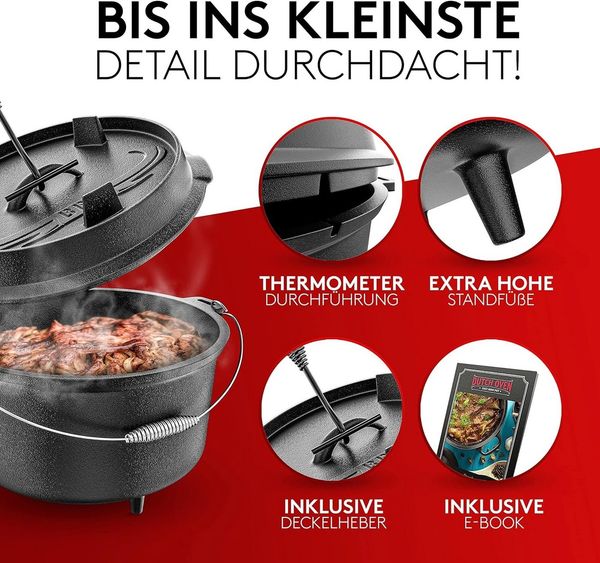 Taste of Fire Feuertopf BBQ Dutch Oven Feuertopf - Gusseisen Set 7L für Grill & Lagerfeuer, Gusseisen, Voreingebrannt inklusive Topfständer, Deckelheber und E-Book