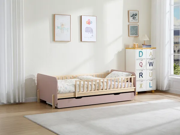 Vente-unique - LADEMI Bett Holz, Platte PuderrosaBeige - B 99 cm x H 62,5 cm x L 200 cm