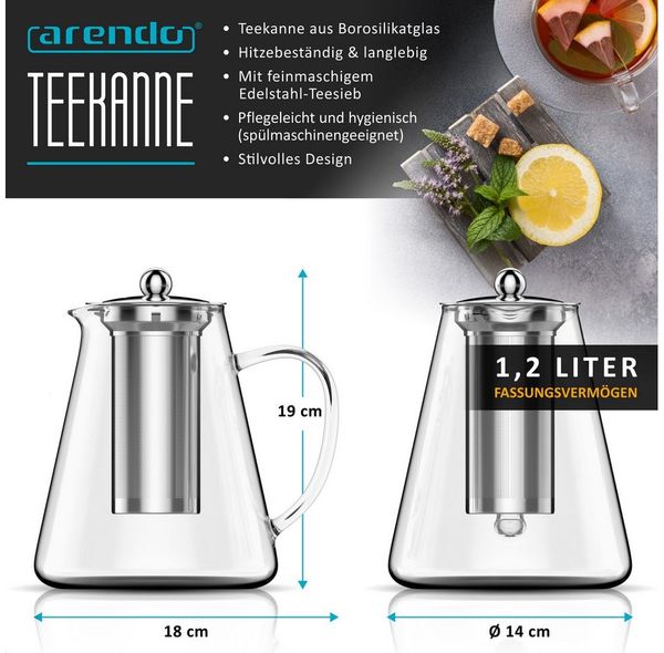 Arendo Teekanne Teebereiter aus Borosilikatglas mit Teefilter & Teesieb für losen Tee, 1,2 l, (Set, Glas Kanne, Edelstahlfilter), Mit Siebeinsatz aus Edelstahl, hitzebeständig & spülmaschinengeeignet