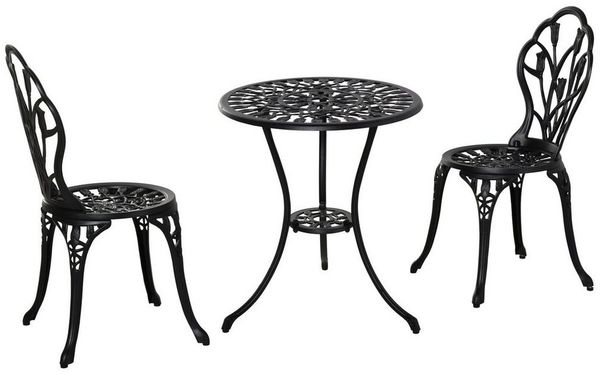 Outsunny Sitzgruppe 3-teilige Essgruppe 1 Tisch+2 Stühle mit Schirmloch Terrasse, (Balkonmöbel-Set, 3-tlg, Gartenmöbel-Set), Aluminium Schwarz Ø60 x 67H cm