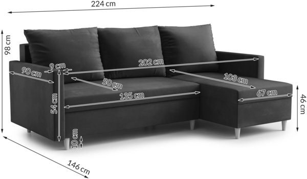 AX LIVING Walston 3-Sitzer Couch mit Schlaffunktion – Ecksofa Samt 224cm Graphit Bild 2