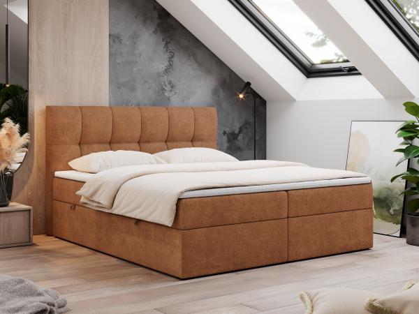 Boxspringbett mit Kopfteil und Topper, Doppelbett - RICO - 180x200cm - Orange Stoff - H3