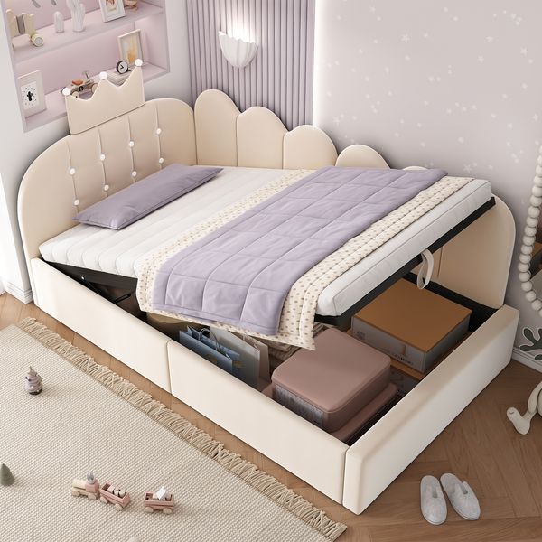 Merax Einzelbett, 90x200 cm Polsterbett, Daybett, Tagesbett-Schlafsofa mit Stauraum (hydraulisch), Gästebett L-Form Samt, Beige