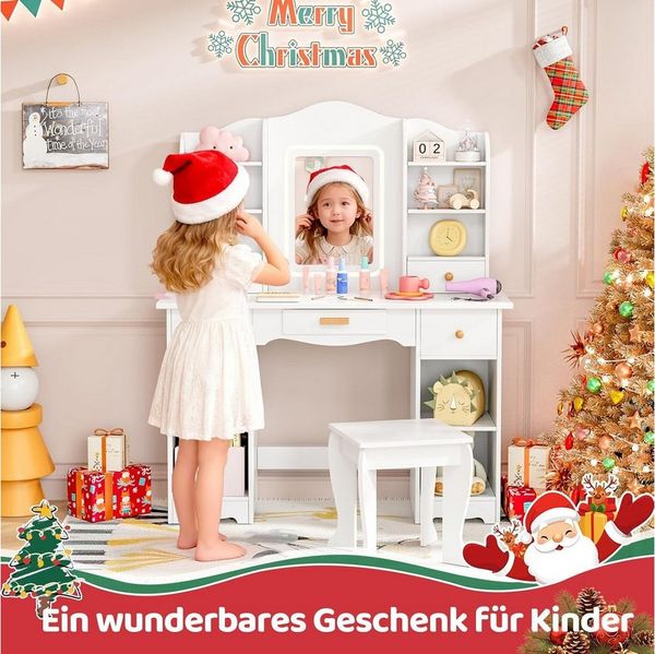 TLGREEN Schminktisch LED-beleuchteter Schminktisch für Mädchen mit Spiegel (Kinderschminktisch, 95cm großer Stauraum Schreibtisch Kinder, 5 Schubladen Spieltisch mit Beleuchtung und Sicherheitsacrylspiegel), Geschenk für Mädchen Geburtstag Weihnachten