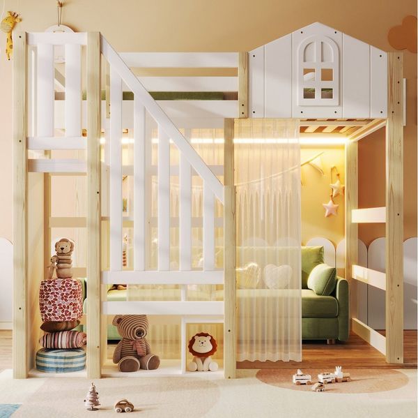 Merax Hochbett mit LED-Leuchten und offenem Stauraum (Jugendbett Stockbett, 1-St) Kiefernholz Kinderbett 140x200cm mit Ablageleiter Stauraumtreppe Gaze