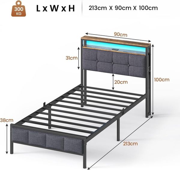 MSMASK Polsterbett mit Ladestation und LED-Beleuchtung (1-tlg, Ohne Matratze), Jugendbett, Bettgestell 90x200cm