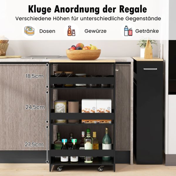 Nischenwagen 20cm breit 4 Etagen Küchenwagen schmal Nischenregal auf Rollen 47,5 x 20 x 80,5 cm Schwarz