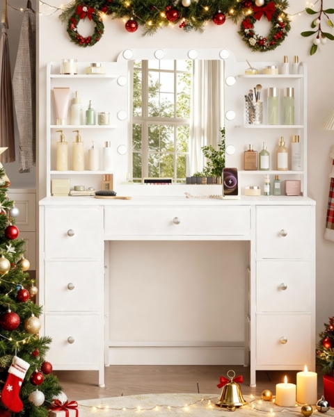 Schminktisch mit LED-Beleuchtung, Schminktisch mit großer HD-Spiegel, 7 Schubladen und 6 Ablagefächern, Schlafzimmer schminktische, Modernes Weiß