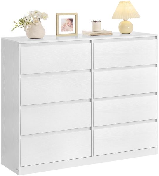 VASAGLE Kommode mit 8 Schubladen, Kommodenschrank, Schubladenschrank, Wäschekommode, für Schlafzimmer, 40 x 119,4 x 97,5 cm, Modern Kailyn Kollektion, schneeweiß LTS618WE01