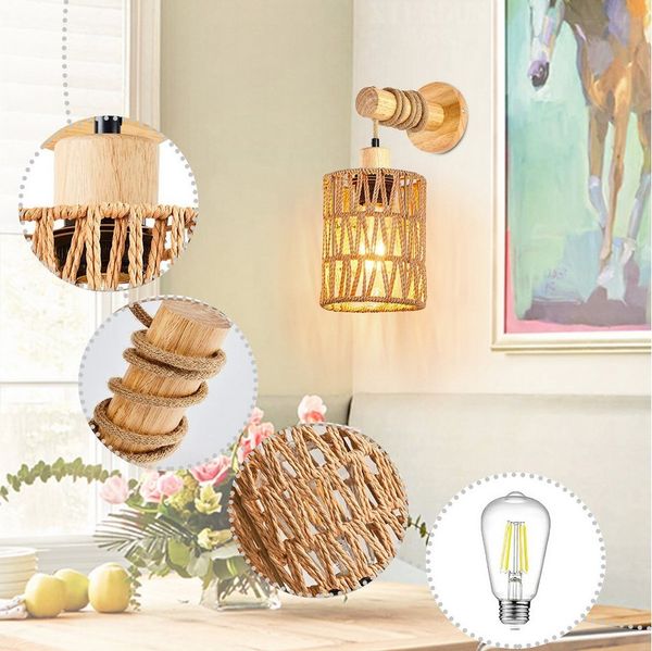Jibenhome LED Nachtlicht Boho Rattan Wandleuchte Farmhouse mit E27 Leuchtmittel, Warmweiß, LED fest integriert, Wandlampe aus Holz,Vintage Deko Lampe für Wand & Nachttisch