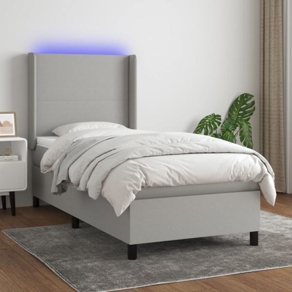 vidaXL Boxspringbett mit Matratze & LED Stoff Hellgrau 90 x 200 cm, Härtegrad: H2 [3138125]