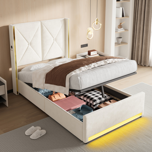 LVHOM Polsterbett mit Stauraum, Einzelbett mit LED, USB-Anschlüsse und Seitentaschen, Funktionbett, 90x200 cm, Beige