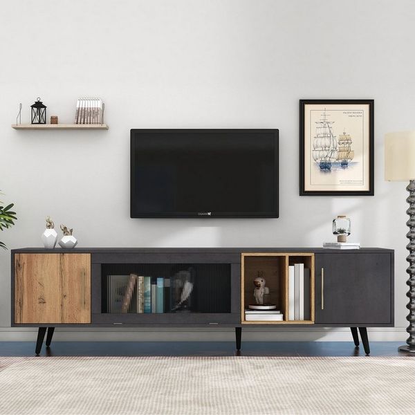 REDOM Lowboard TV-Schrank mit Glas (Fernsehtisch, Wohnzimmermöbel, in Dunkelholz), mit Stauraumlösung und Kabelmanagement