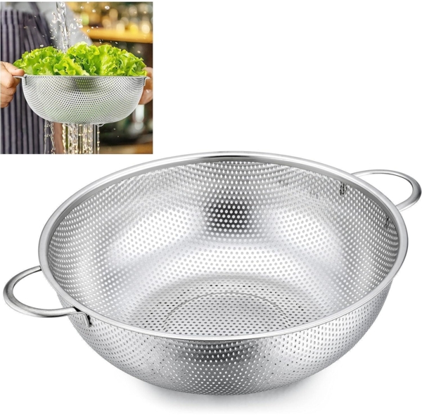 Joyfair Edelstahl Nudelsieb 28cm mit Griffen, Mikroperforiertes