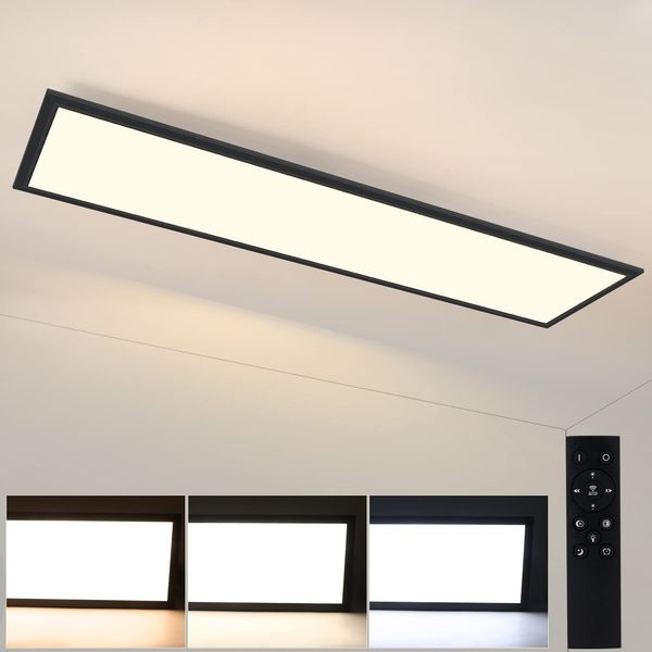 ZMH LED Panel Schwarz Deckenleuchte Dimmbar - Flach Deckenlampe Büro mit Fernbedienung Modern Wohnzimmerlampe 100x25CM Küchenlampe 42W Deckenpanel Schwarz Büroleuchte für Schlafzimmer Küche Flur