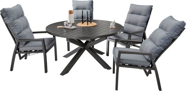 Destiny Garten-Essgruppe GARDA ARONA 4 HL + Ausziehtisch Ø145/199cm, anthrazit, (Set, 9-tlg, 4 Hochlehner stufenl. verstelb. ink. Polster 1 Tisch m. Synchronauszug), Aluminium