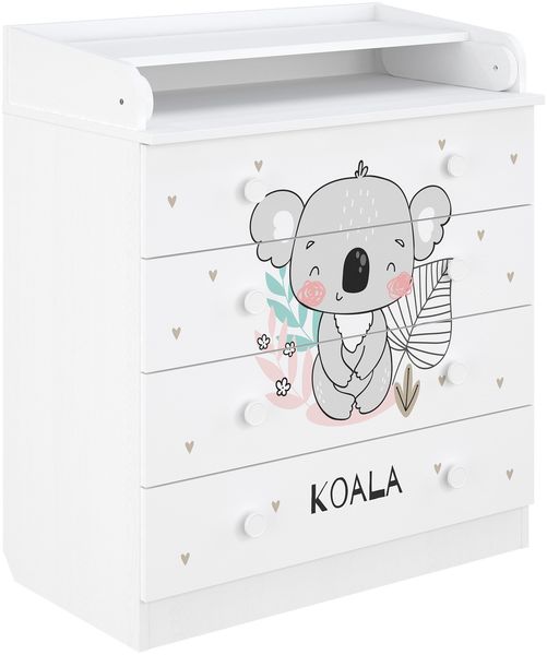 Shefa Kids Wickelkommode 800 mit 4 Schubladen, Weiß, Koala-Motiv, 80 cm