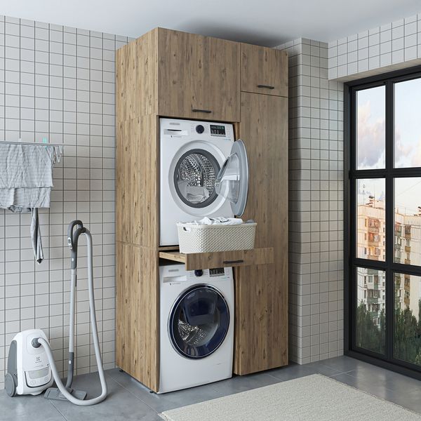 Roomart Waschmaschinenschrank - SERIE DUO-I- 112 cm breit – Waschmaschinenüberbau für Trockner, Waschturm-Schrank • Eiche