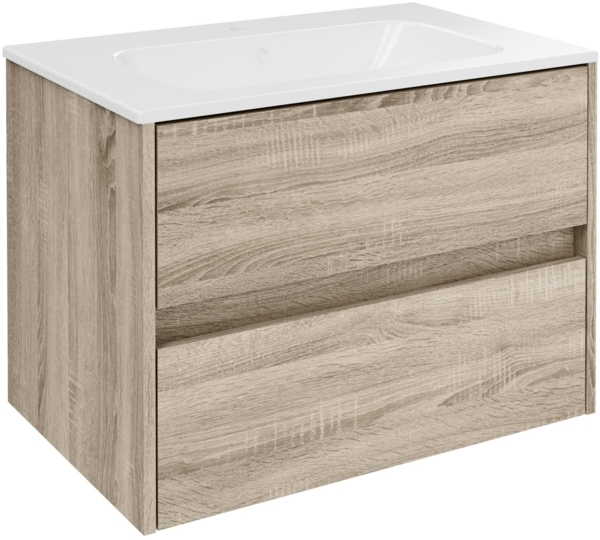 FACKELMANN COMPACT LINE Waschbecken mit Unterschrank 71 cm breit, Braun, Waschbecken Keramik Weiß, 2 Schubladen