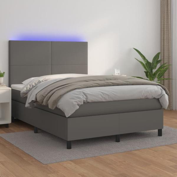 vidaXL Boxspringbett mit Matratze & LED Grau 140x200 cm Kunstleder 3135829