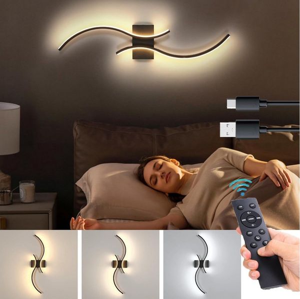 MUPOO Spiegelleuchte LED Wandleuchte Innen Dimmbar,Moderne Schwarz Wandleuchte Kabellose, 1 Stück, 3000–6000K, LED fest integriert, 100CM Lang Doppelbogen-Lampenkörper mit Fernbedienung und Kabel USB-C