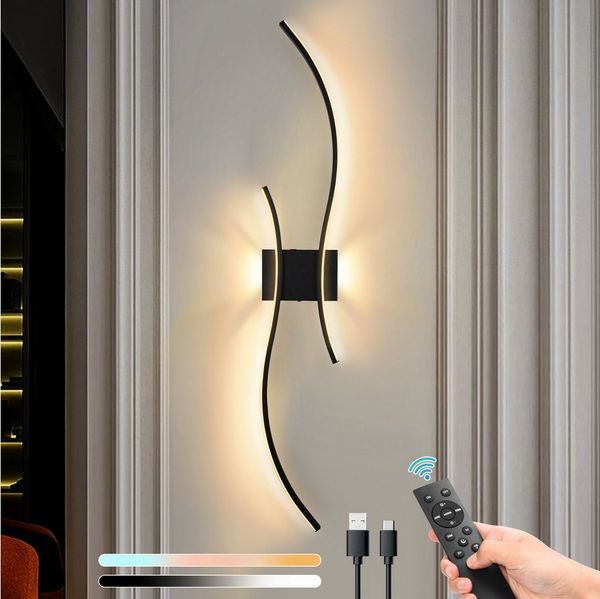 MUPOO Spiegelleuchte LED Wandleuchte Innen Dimmbar,Moderne Schwarz Wandleuchte Kabellose, 1 Stück, 3000–6000K, LED fest integriert, 100CM Lang Doppelbogen-Lampenkörper mit Fernbedienung und Kabel USB-C