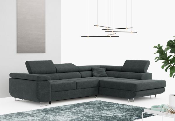 Ecksofa L-Form Couch mit Schlaffunktion und Verstellbare Kopfstützen - GUSTAW - Dunkelgrau Stoff - Rechts